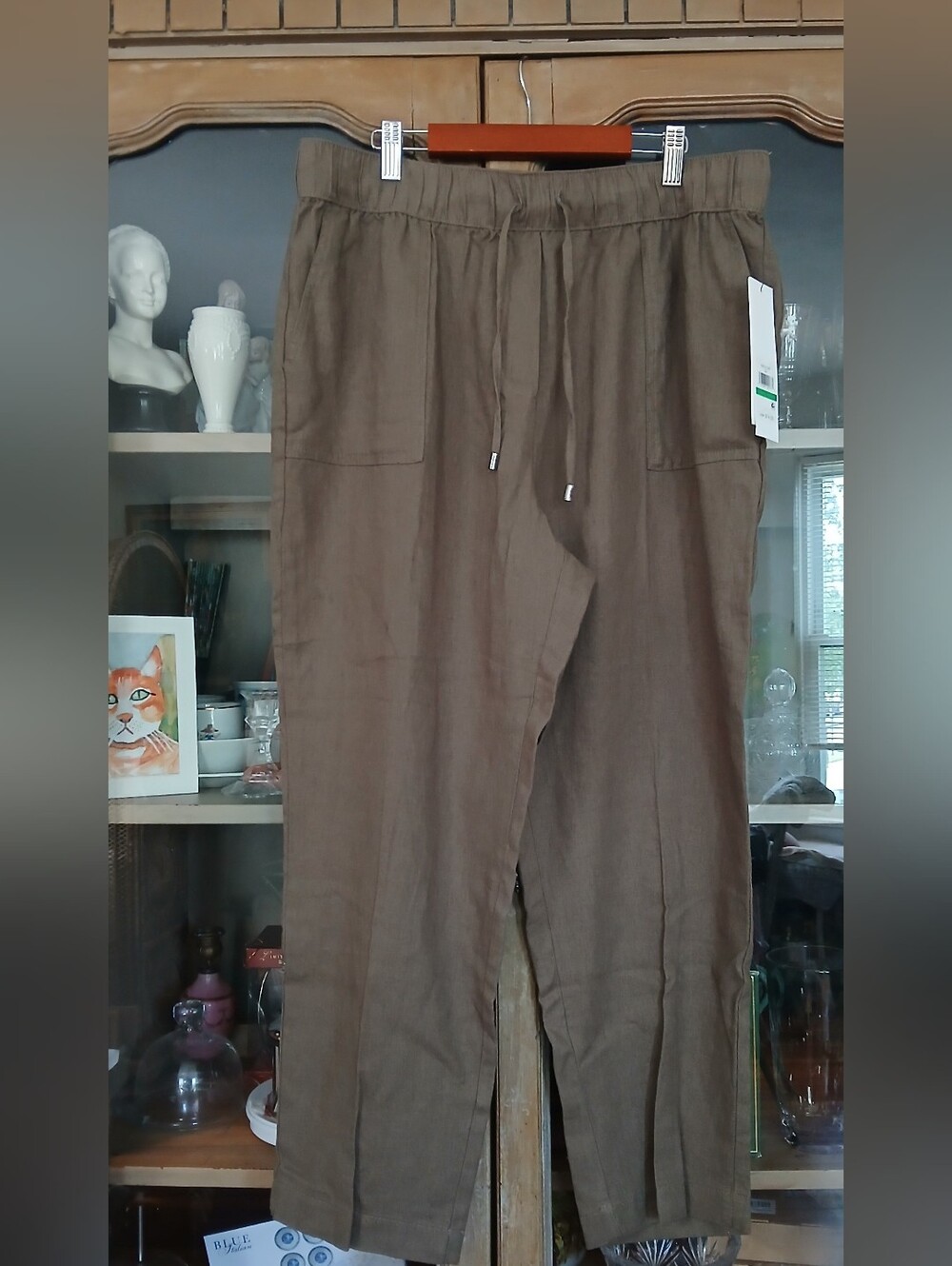 Calvin Klein Linen Blend Army Green Straight Leg Pant - L